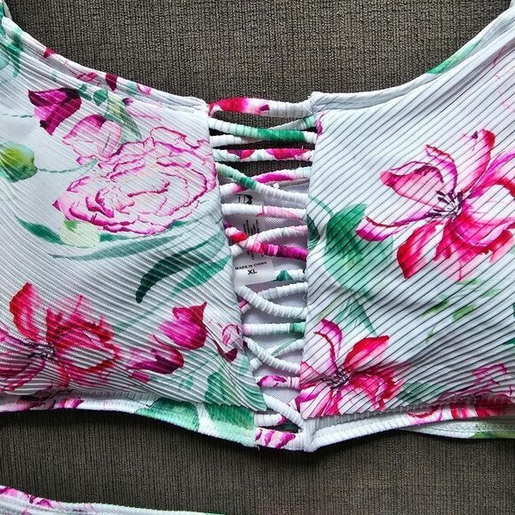 TiniBikini White & Pink Tropical Ruffle Off-Shoulder Ribbed Bikini Top & Bottoms - Picture 15 of 16